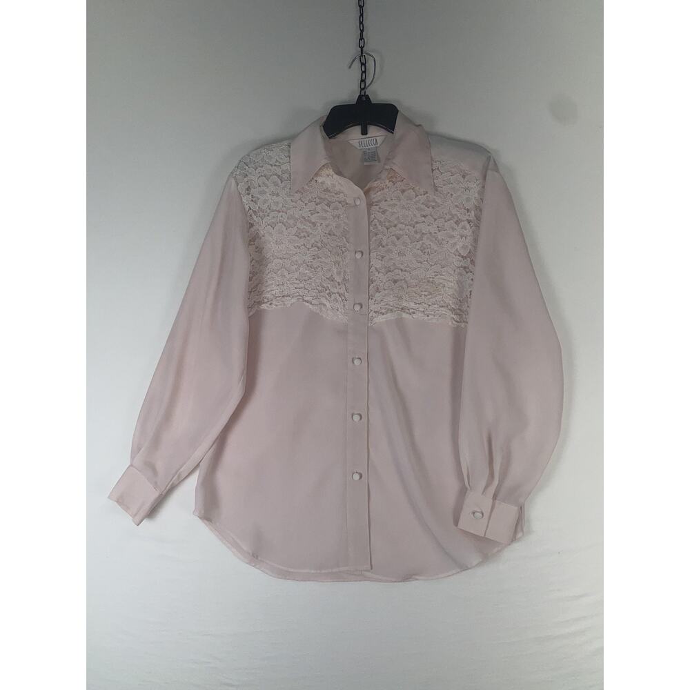 Sellecca Blouse Womens 6 Pink Vintage Lace Sheer Button Front Long Sleeve Top